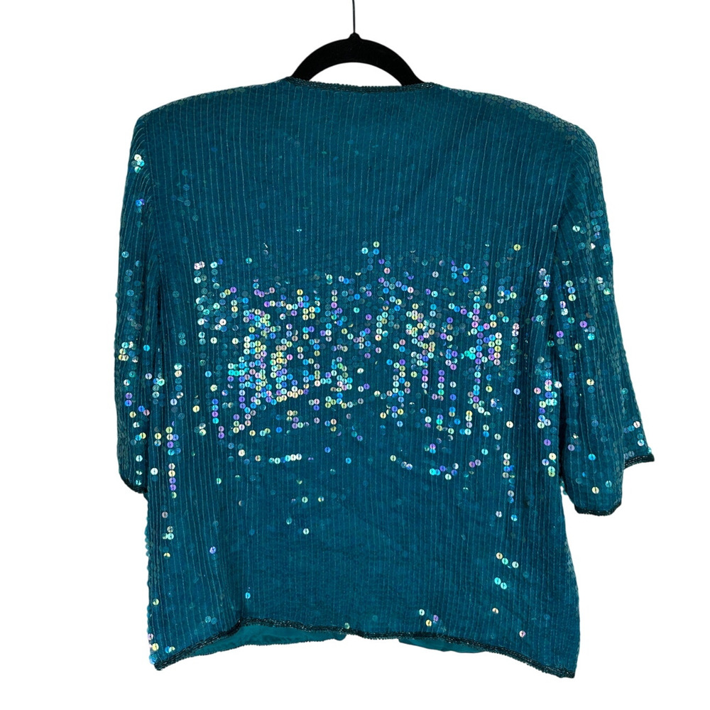 Beaded SILK Sequin Jacket S Peacock Blue Vintage Formal Short Sleeve Floral - Picture 3 of 6